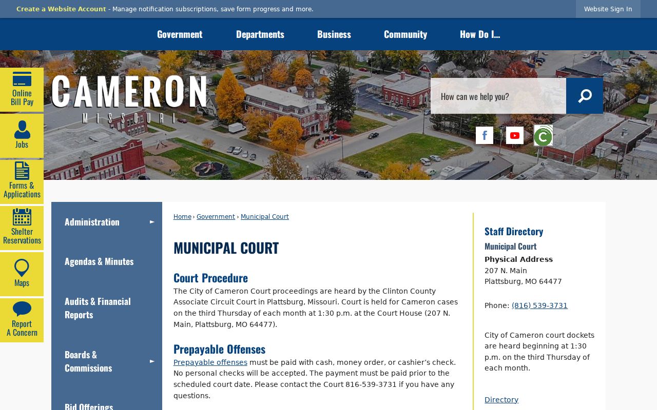 Cameron municipal court transfer page